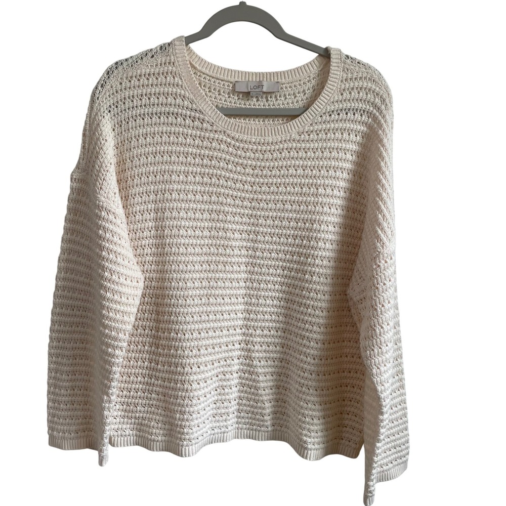 LOFT Open Knit Sweater Pullover Lightweight Cotton Blend Cream XL Coastal Beachy